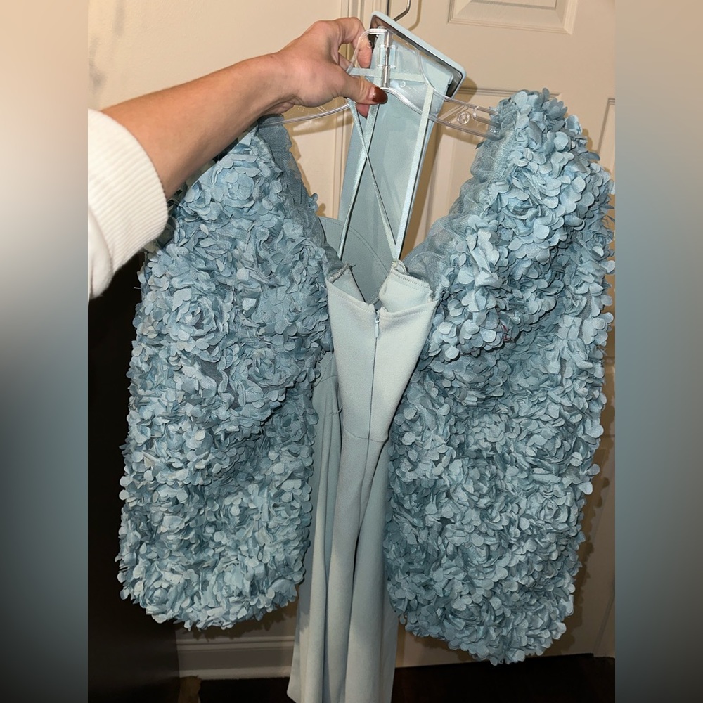ASOS LUXE 3D floral sleeve jumpsuit with belt in blue - Picture 9 of 10